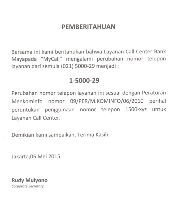 Pemberitahuan Perubahan Nomor Call Center Rev